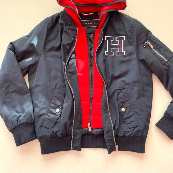 TOMMY HILFIGER Logo-Embroidered Quilted Navy Red Bomber Jacket Down Lining Small - Picture 9 of 16